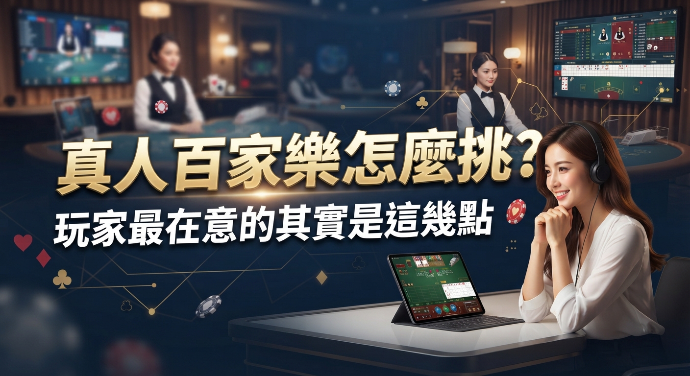畫面展示了一位面帶微笑的玩家正在使用平板電腦觀看真人百家樂,背景為高雅的賭場環境與荷官。 圖片正中央醒目地印有標題文字:「真人百家樂怎麼挑?玩家最在意的其實是這幾點」。