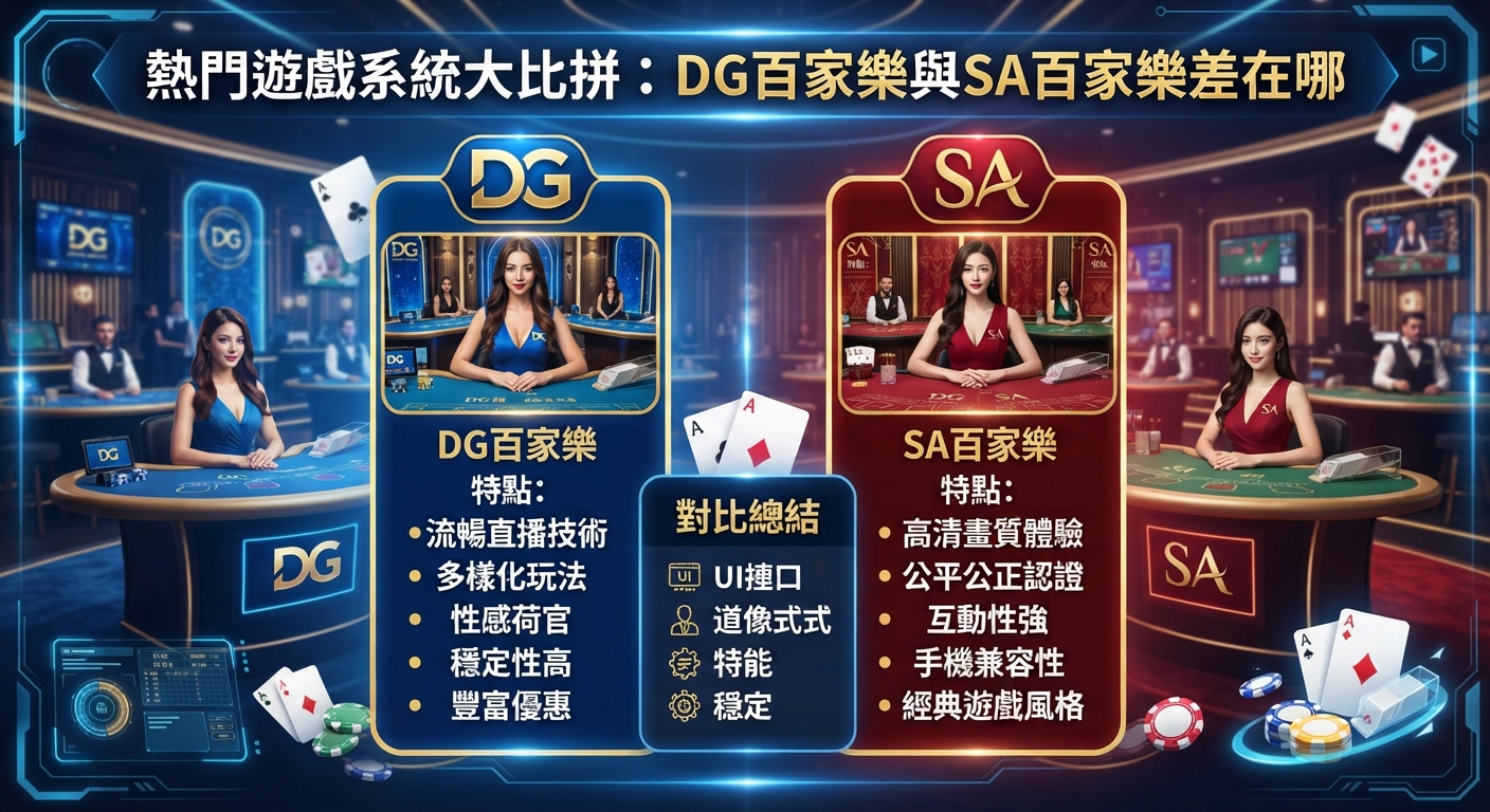 圖片展示了DG百家樂與SA百家樂的對比,並以科技感賭場背景凸顯熱門遊戲系統的大比拼。
