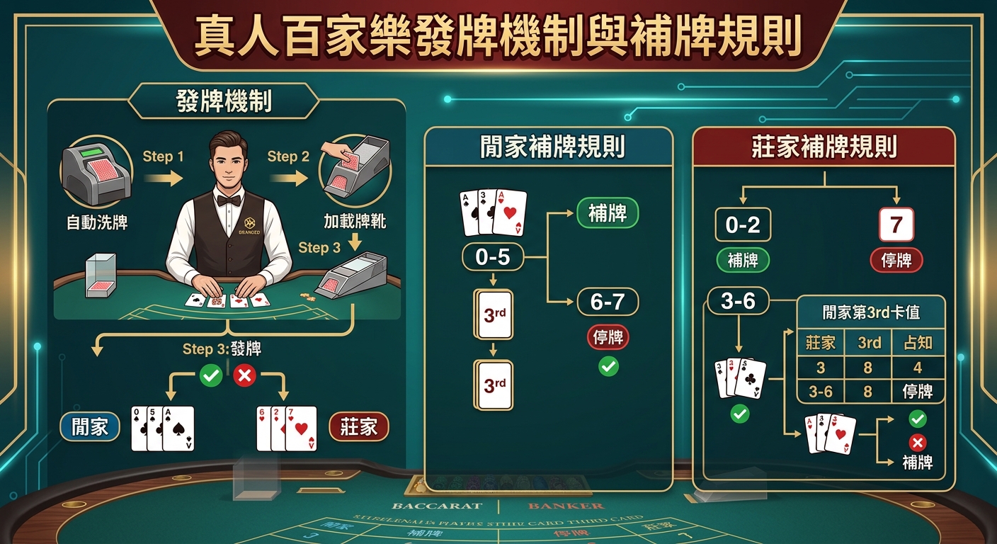 這張圖片展示了一張奢華的百家樂賭桌背景，中央清晰地印著標題「真人百家樂發牌機制與補牌規則」。 畫面中擺放著撲克牌、牌靴與籌碼等代表性元素，完美呈現出真人娛樂場的專業與高端氛圍。