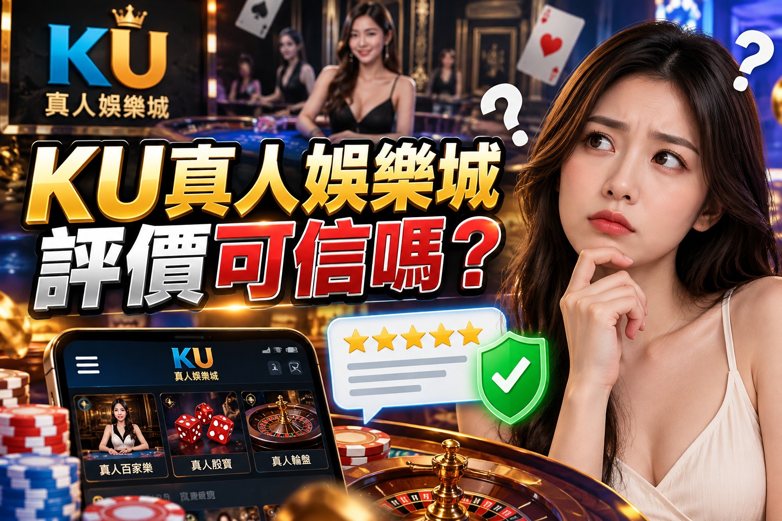 圖片以華麗的真人娛樂城場景為背景,結合KU品牌、百家樂遊戲與玩家疑惑表情,呈現平台評價與可信度的討論主題。 透過五星評價、盾牌安全標誌及醒目的繁體中文標題,突顯玩家對KU真人娛樂城遊戲體驗、安全性與評價真實性的關注。